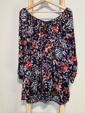 Elementz Navy Floral Tie-Front Top with Red & Tan Accents